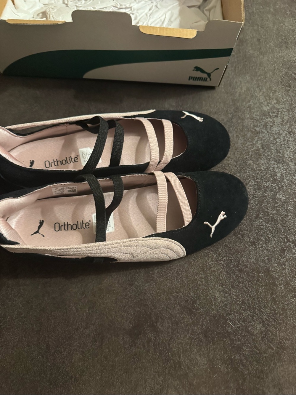 Puma Black and Blush Ballet Flats with Cross Straps.  Speed cats